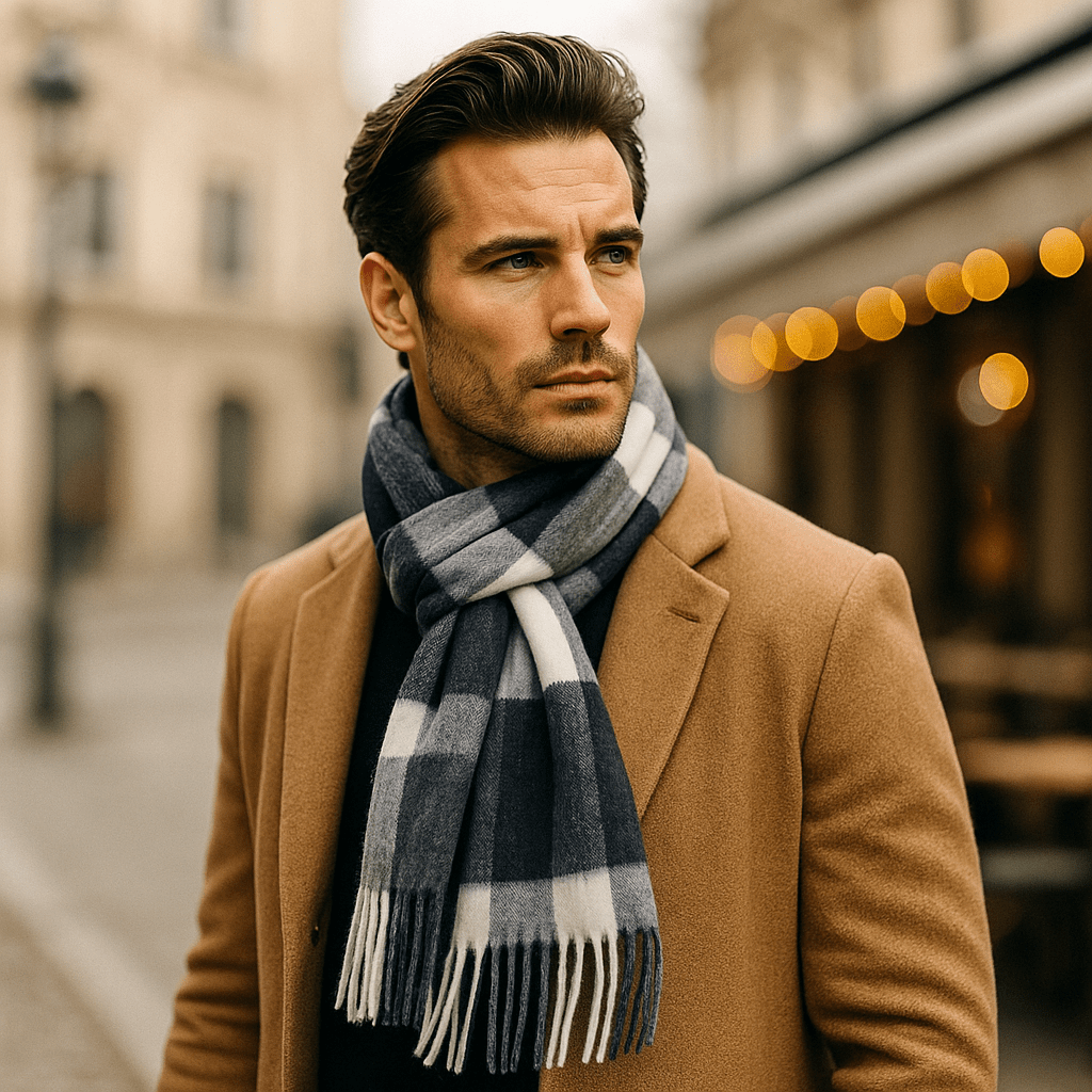 Écharpe homme à rayures et bords frangés, bleu ou gris, bleu foncé