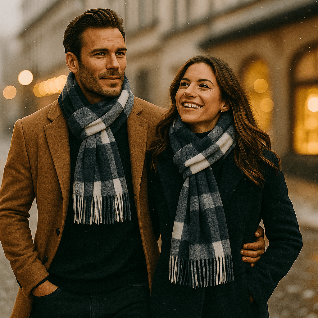 Écharpe homme à rayures et bords frangés, bleu ou gris