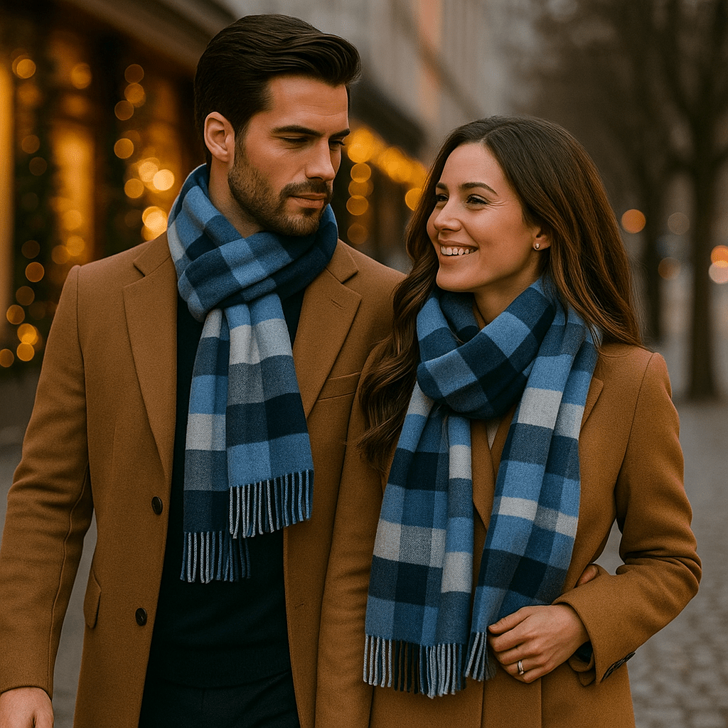 Écharpe homme à rayures et bords frangés, bleu ou gris