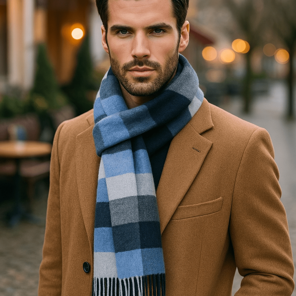 Écharpe homme à rayures et bords frangés, bleu ou gris, bleu