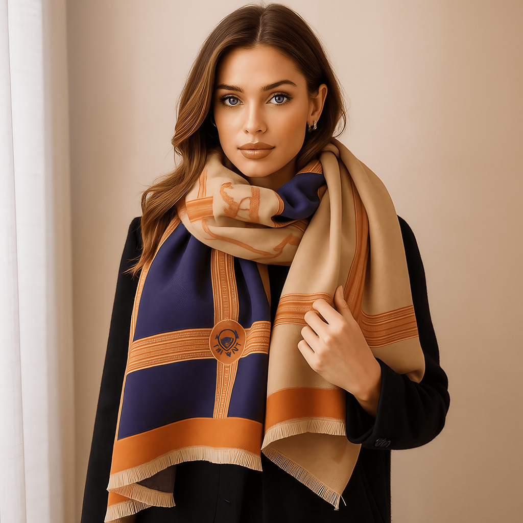 Écharpe d'hiver femme en maille ample, reflets brillants discrets, bleu marine