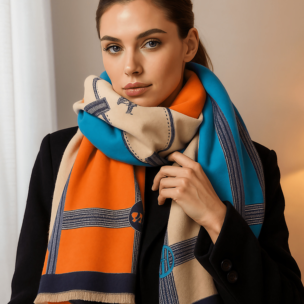 Écharpe d'hiver femme en maille ample, reflets brillants discrets, bleu