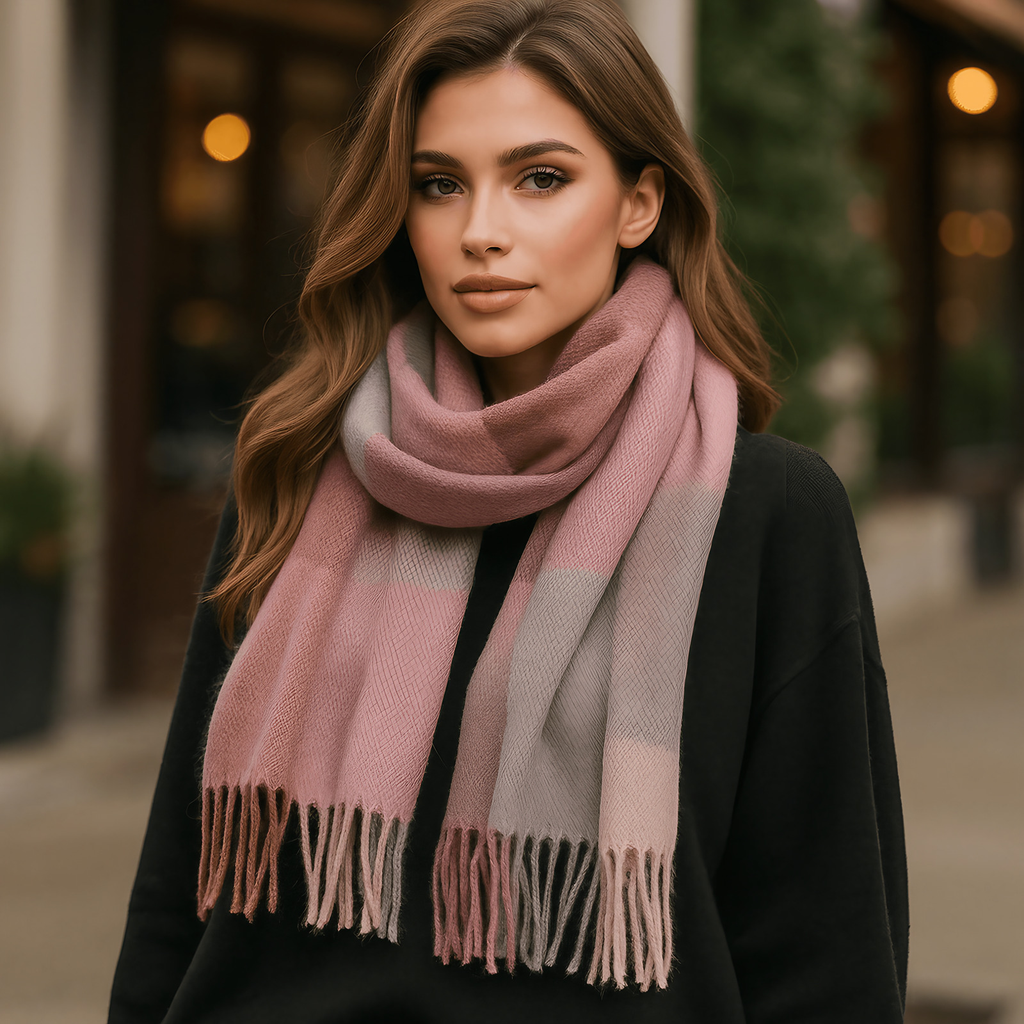 Écharpe femme à grands carreaux et franges, huit coloris, rose
