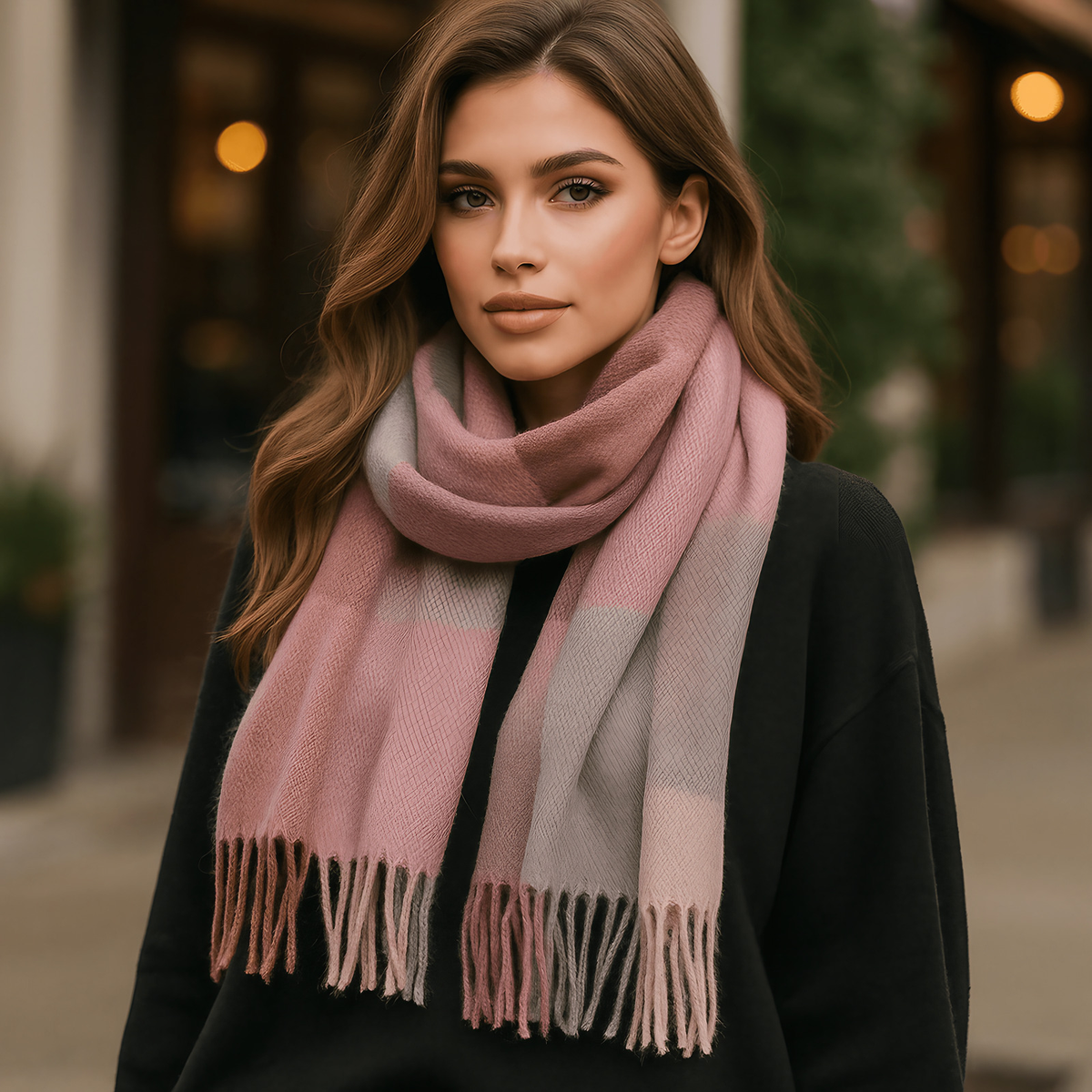 Écharpe femme à grands carreaux et franges, huit coloris, rose