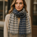 Écharpe femme à grands carreaux et franges, huit coloris, bleu