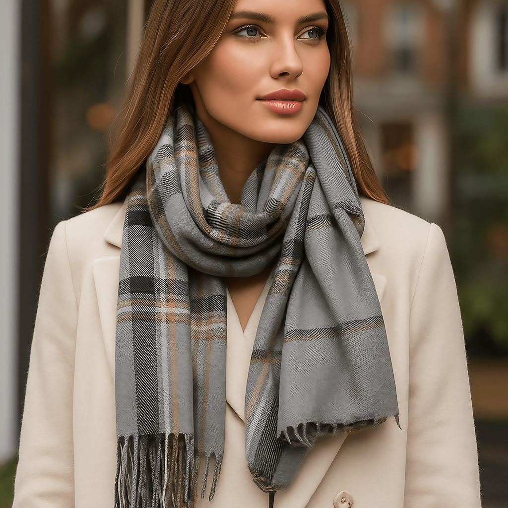 Écharpe femme à grands carreaux et franges, huit coloris, gris