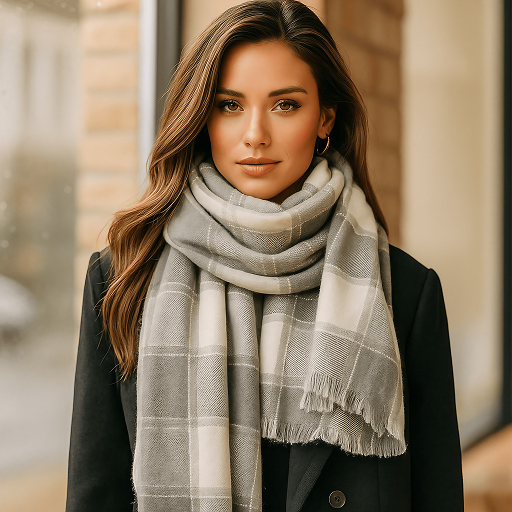 Écharpe femme à grands carreaux et franges, huit coloris, gris clair