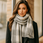 Écharpe femme à grands carreaux et franges, huit coloris, gris clair
