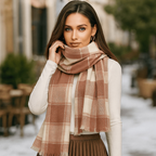 Écharpe femme à grands carreaux et franges, huit coloris, marron