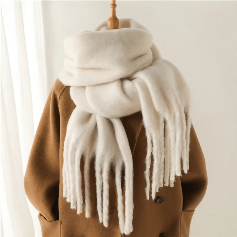 Grande écharpe femme à pompons, 200 x 70 cm, seize coloris, blanc