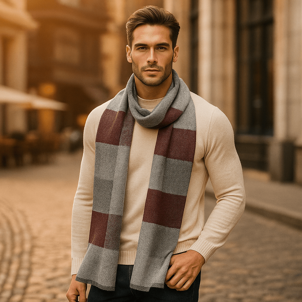 Écharpe homme rayée à chevrons, dix coloris d'hiver, noir et rouge