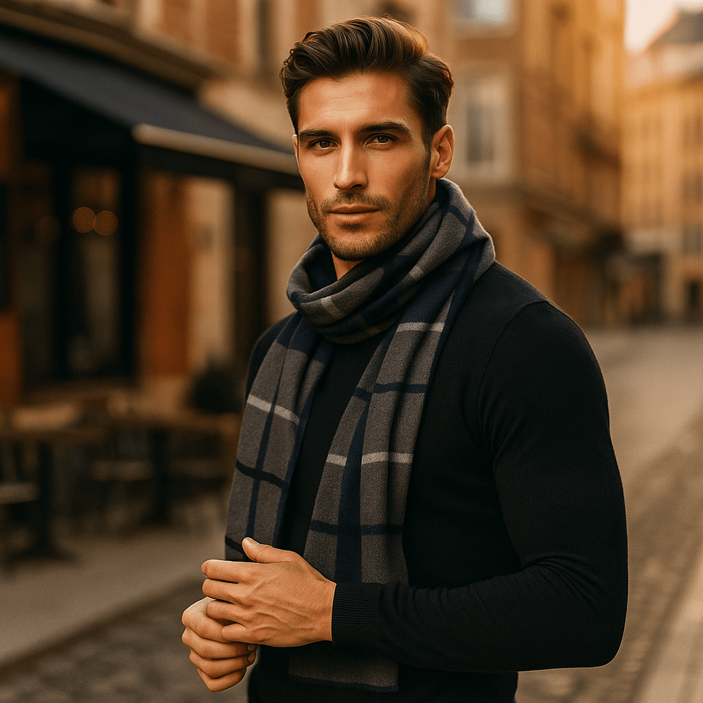 Écharpe homme rayée à chevrons, dix coloris d'hiver, bleu et gris