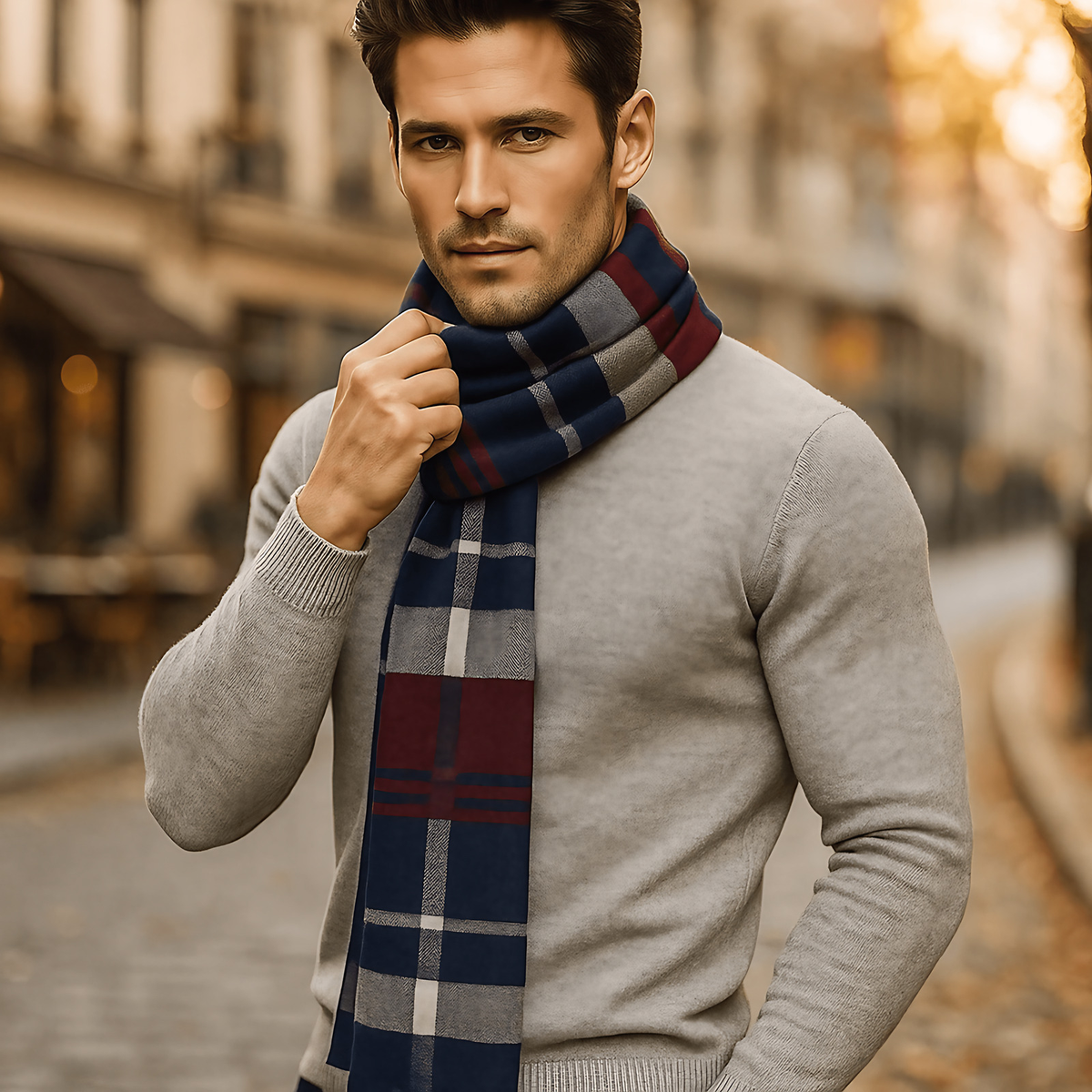 Écharpe homme rayée à chevrons, dix coloris d'hiver, bleu et rouge
