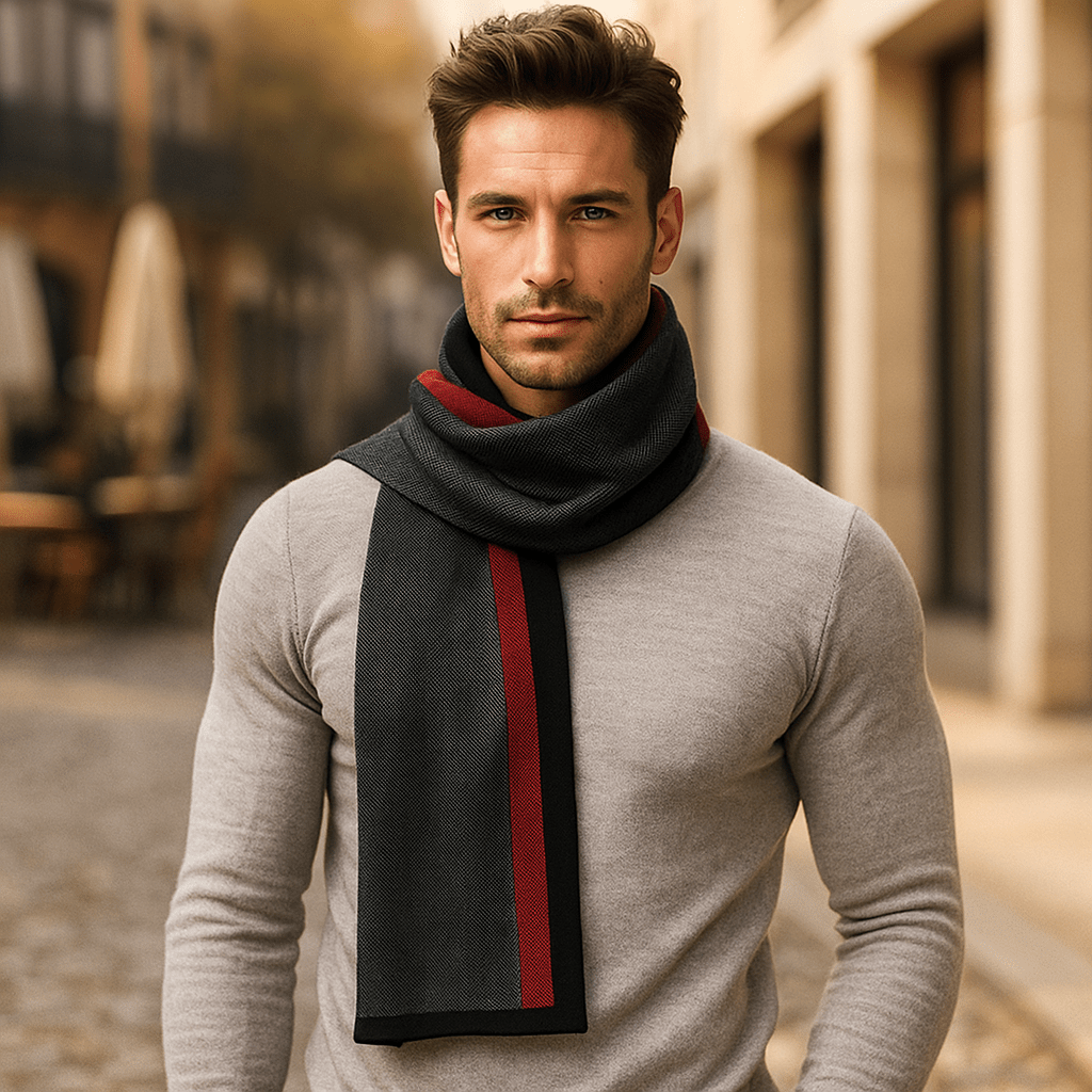 Écharpe homme rayée à chevrons, dix coloris d'hiver, gris et rouge
