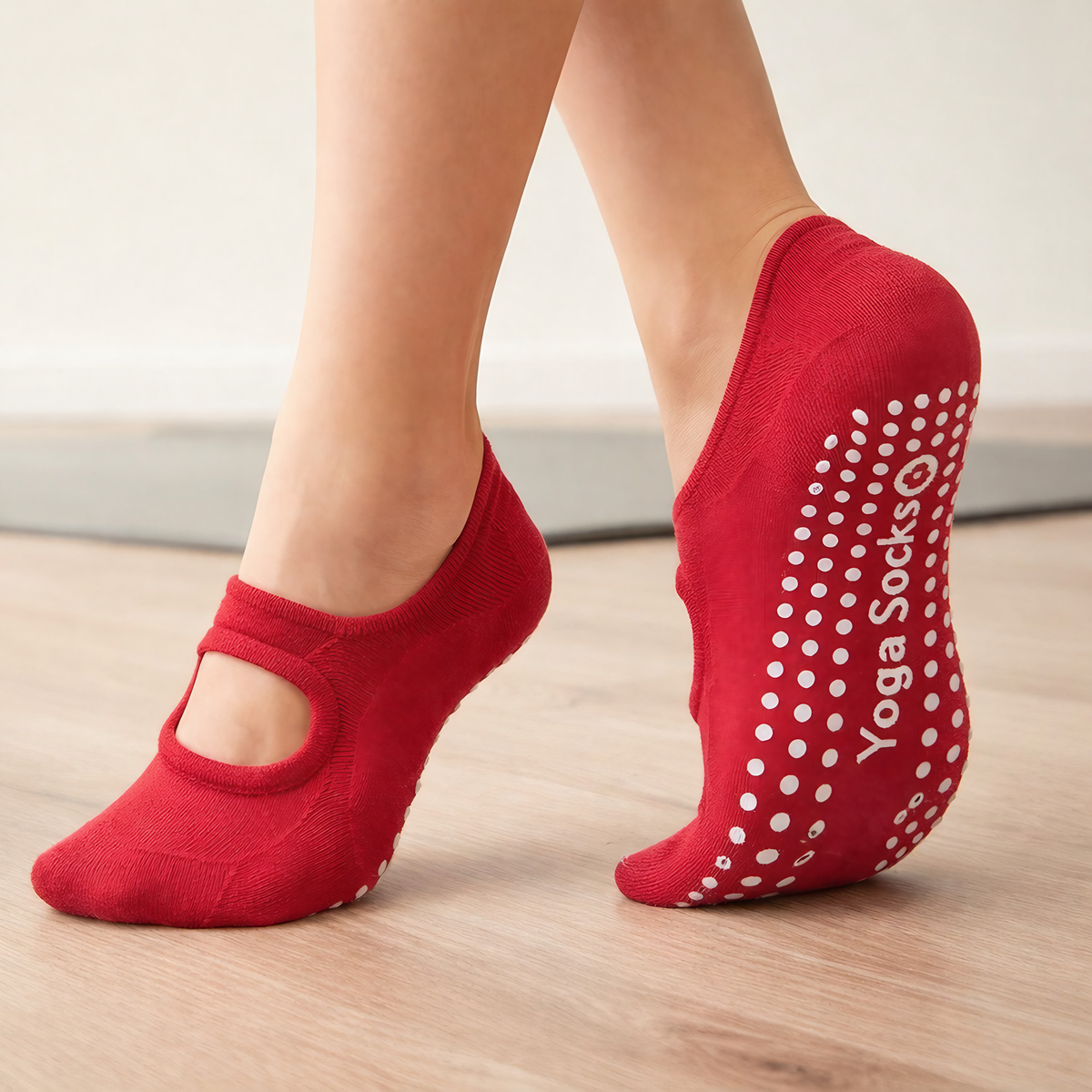 Chaussettes de pilates femme antidérapantes, coton extensible, rouge