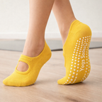 Chaussettes de pilates femme antidérapantes, coton extensible, jaune