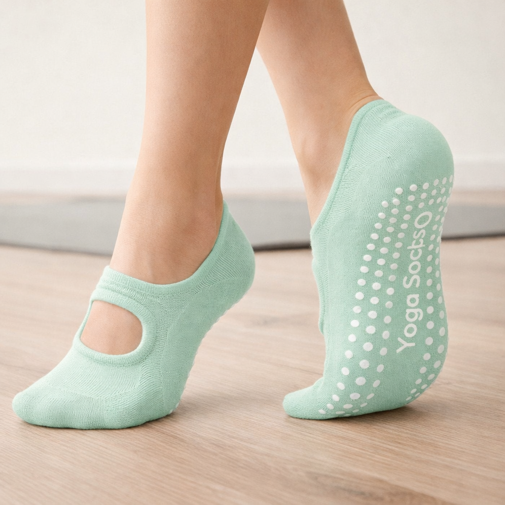 Chaussettes de pilates femme antidérapantes, coton extensible, vert clair