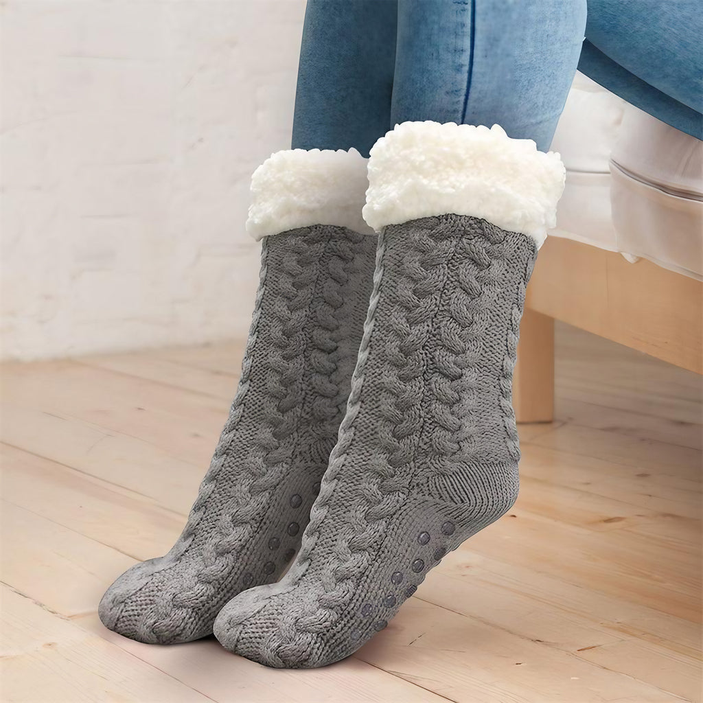 Chaussettes d'intérieur femme à semelle antidérapante, revers doux, gris