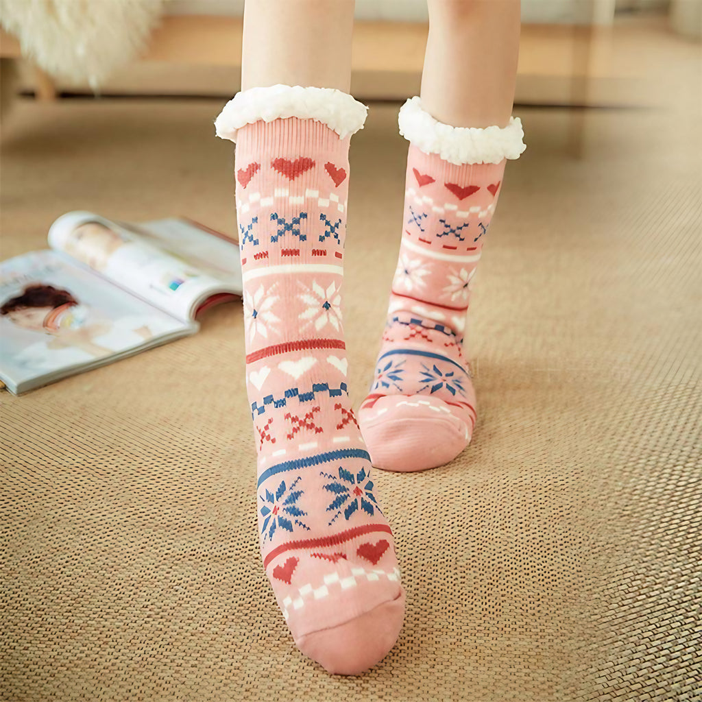Chaussettes d'intérieur femme à semelle antidérapante, revers doux, rose clair