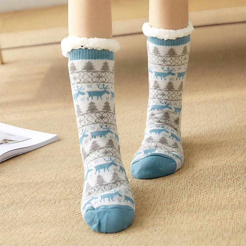 Chaussettes d'intérieur femme à semelle antidérapante, revers doux, bleu paon