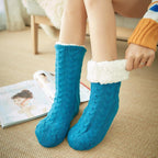 Chaussettes d'intérieur femme à semelle antidérapante, revers doux, bleu marine