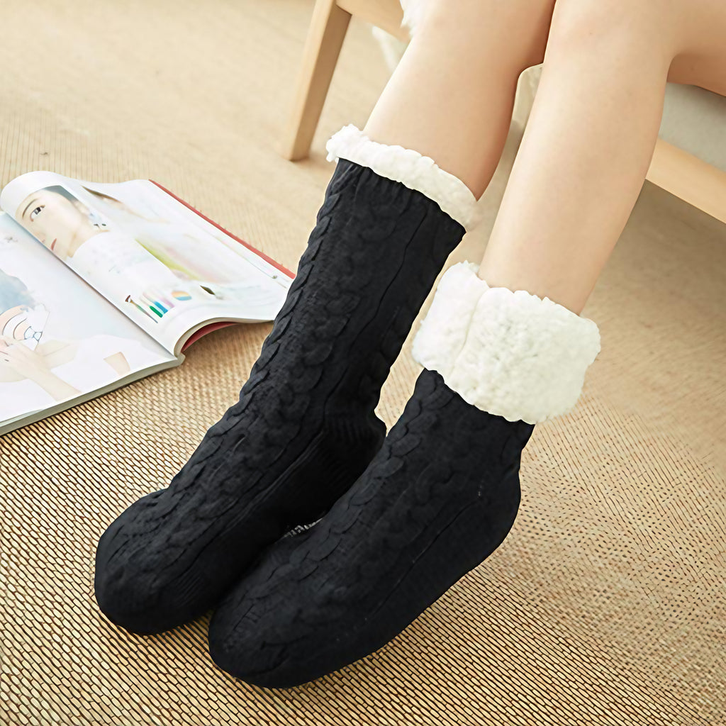 Chaussettes d'intérieur femme à semelle antidérapante, revers doux, noir