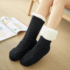 Chaussettes d'intérieur femme à semelle antidérapante, revers doux, noir