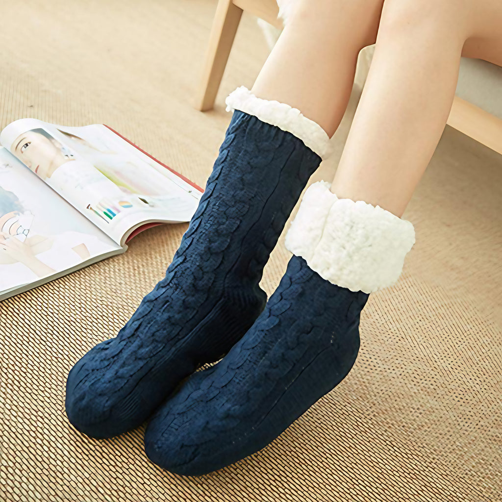 Chaussettes d'intérieur femme à semelle antidérapante, revers doux, bleu marine 2