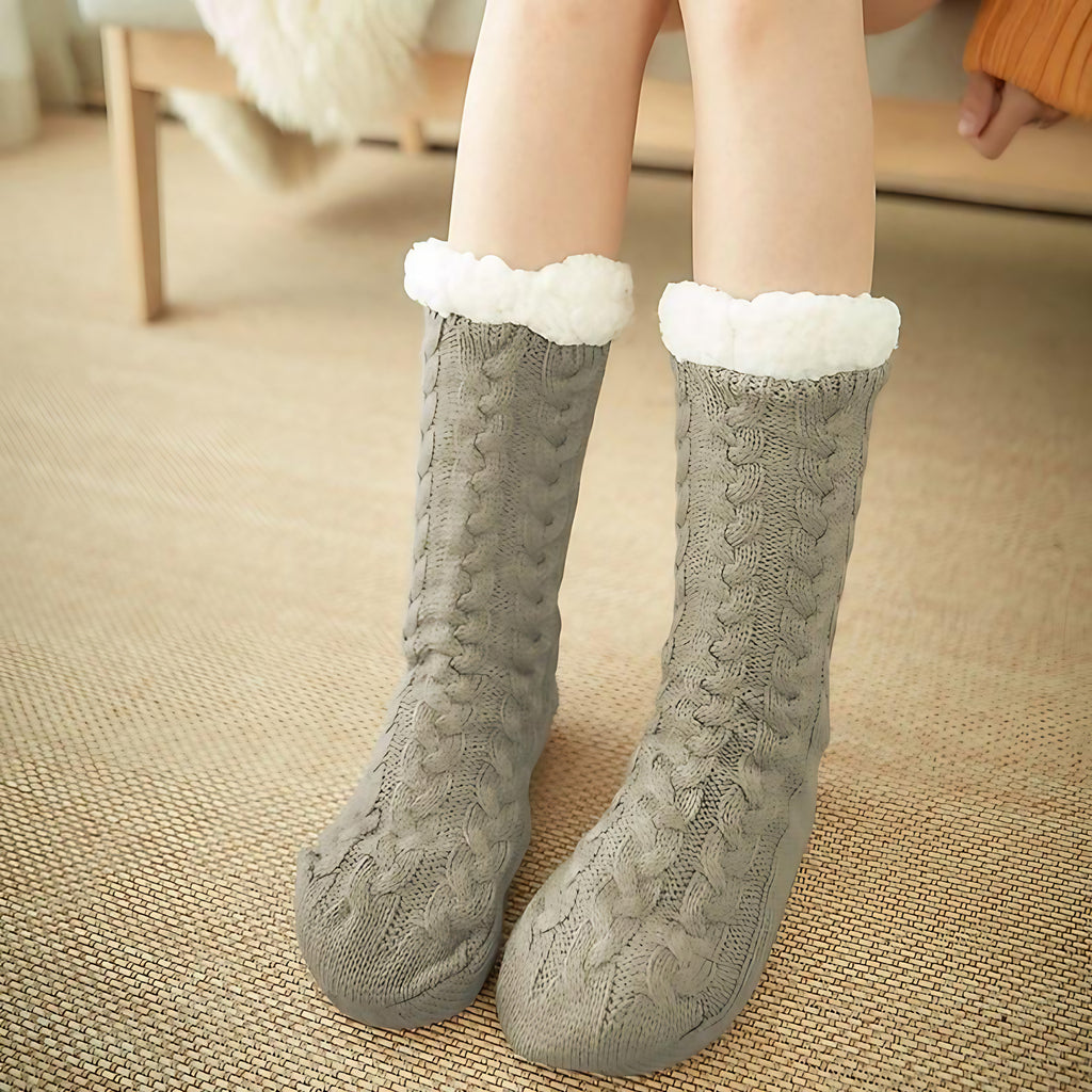 Chaussettes d'intérieur femme à semelle antidérapante, revers doux, kaki