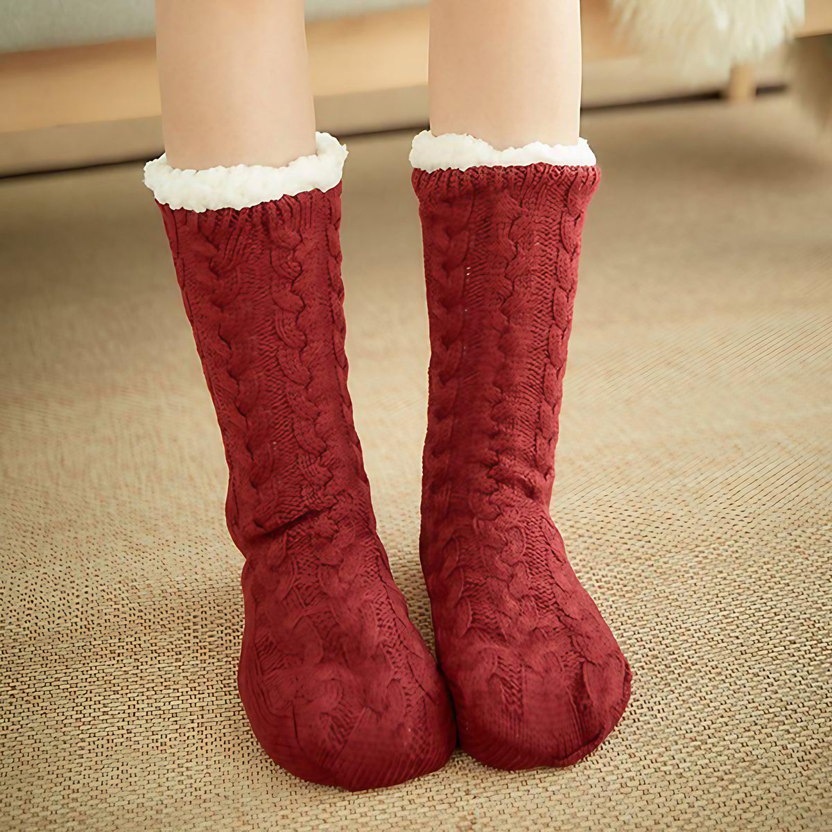 Chaussettes d'intérieur femme à semelle antidérapante, revers doux, rouge vin