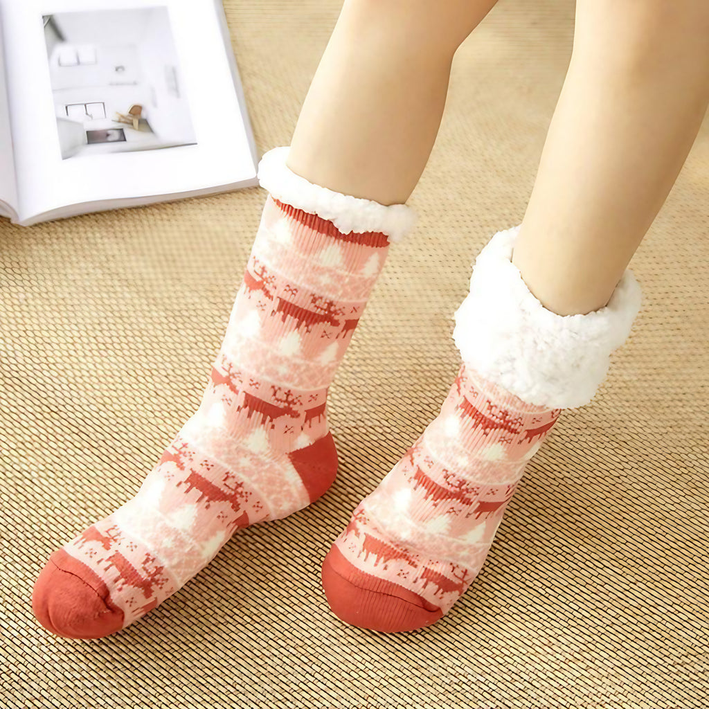 Chaussettes d'intérieur femme à semelle antidérapante, revers doux, rouge clair