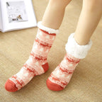 Chaussettes d'intérieur femme à semelle antidérapante, revers doux, rouge clair