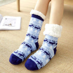Chaussettes d'intérieur femme à semelle antidérapante, revers doux, bleu et blanc