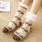Chaussettes d'intérieur femme à semelle antidérapante, revers doux, marron