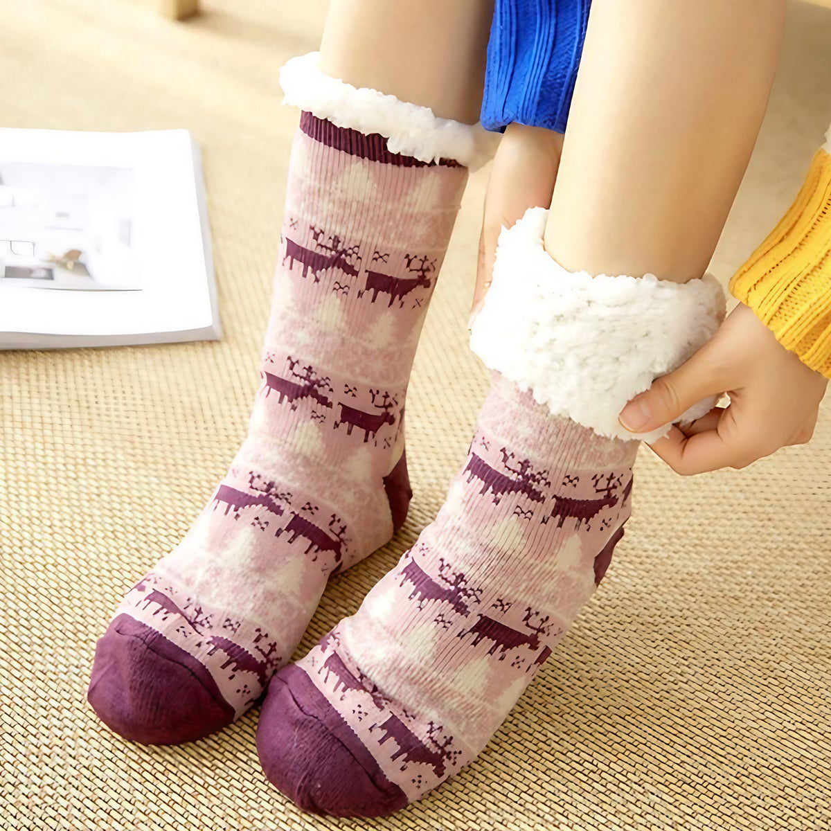 Chaussettes d'intérieur femme à semelle antidérapante, revers doux, pourpre