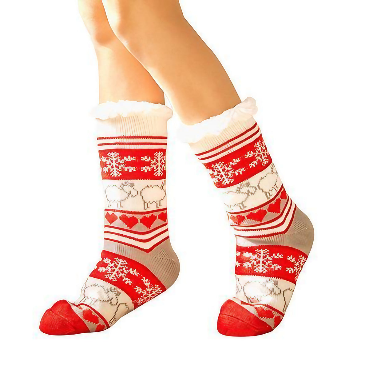 Chaussettes d'intérieur femme à semelle antidérapante, revers doux, rouge cerise