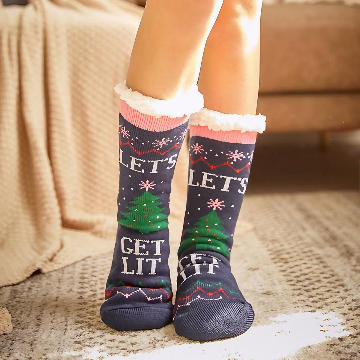 Chaussettes d'intérieur femme à semelle antidérapante, revers doux, gris foncé