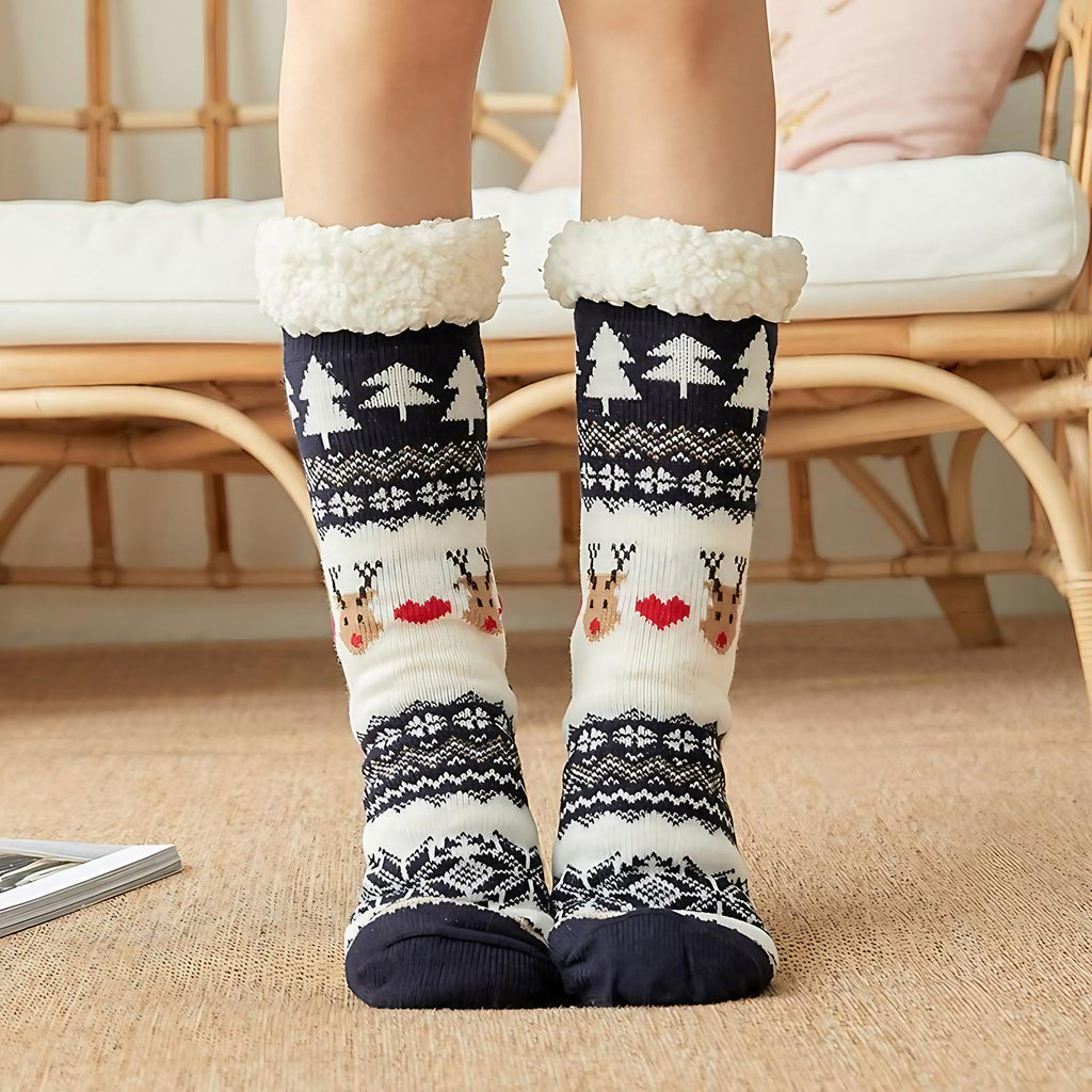 Chaussettes d'intérieur femme à semelle antidérapante, revers doux, bleu foncé