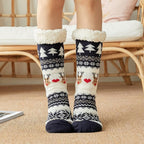 Chaussettes d'intérieur femme à semelle antidérapante, revers doux, bleu foncé