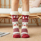 Chaussettes d'intérieur femme à semelle antidérapante, revers doux, rouge