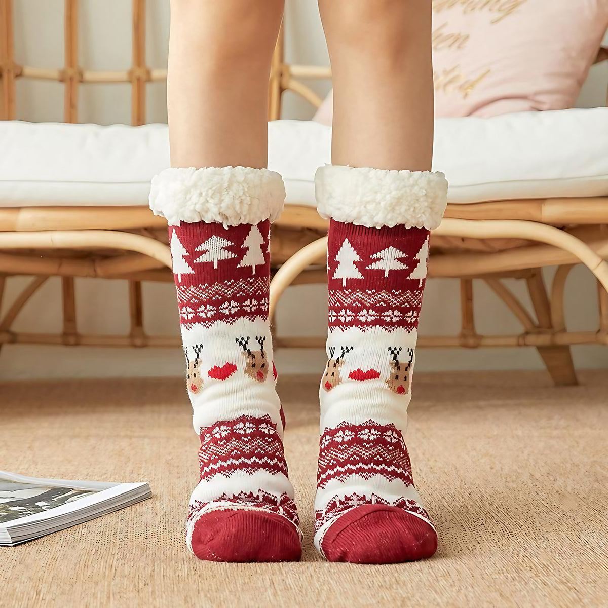 Chaussettes d'intérieur femme à semelle antidérapante, revers doux, rouge