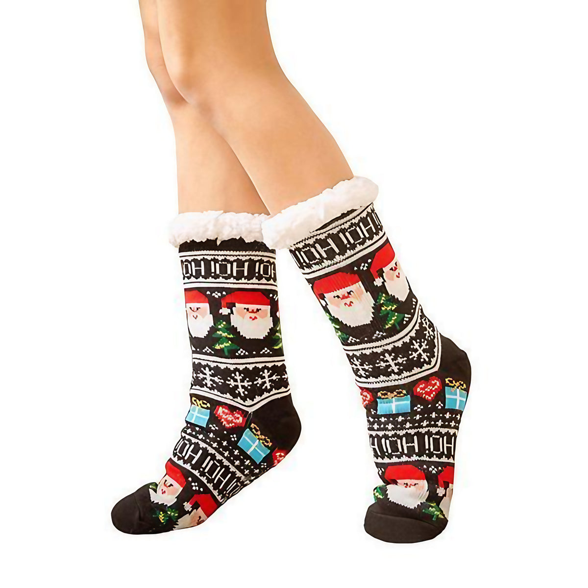 Chaussettes d'intérieur femme à semelle antidérapante, revers doux, noir et rouge