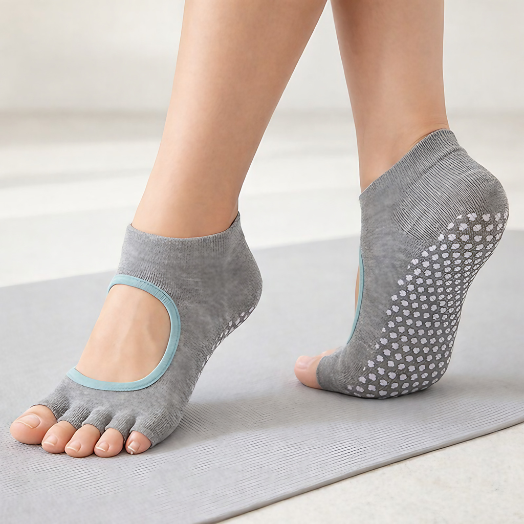 Chaussettes à cinq doigts femme antidérapantes, pilates et yoga, gris