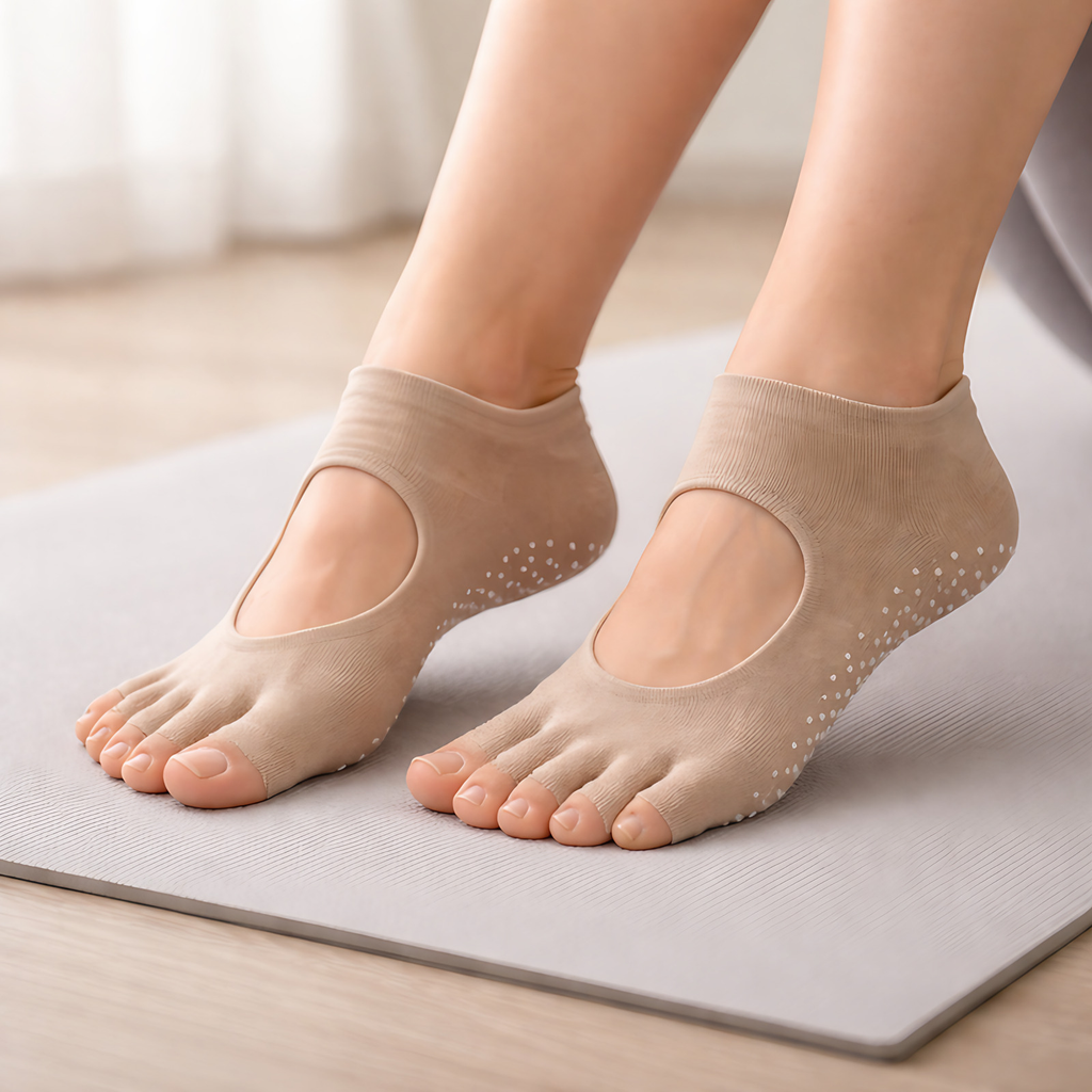 Chaussettes à cinq doigts femme antidérapantes, pilates et yoga, beige