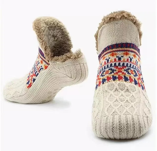 Chaussettes de sol unisexe doublées fausse fourrure, antidérapantes, blanc