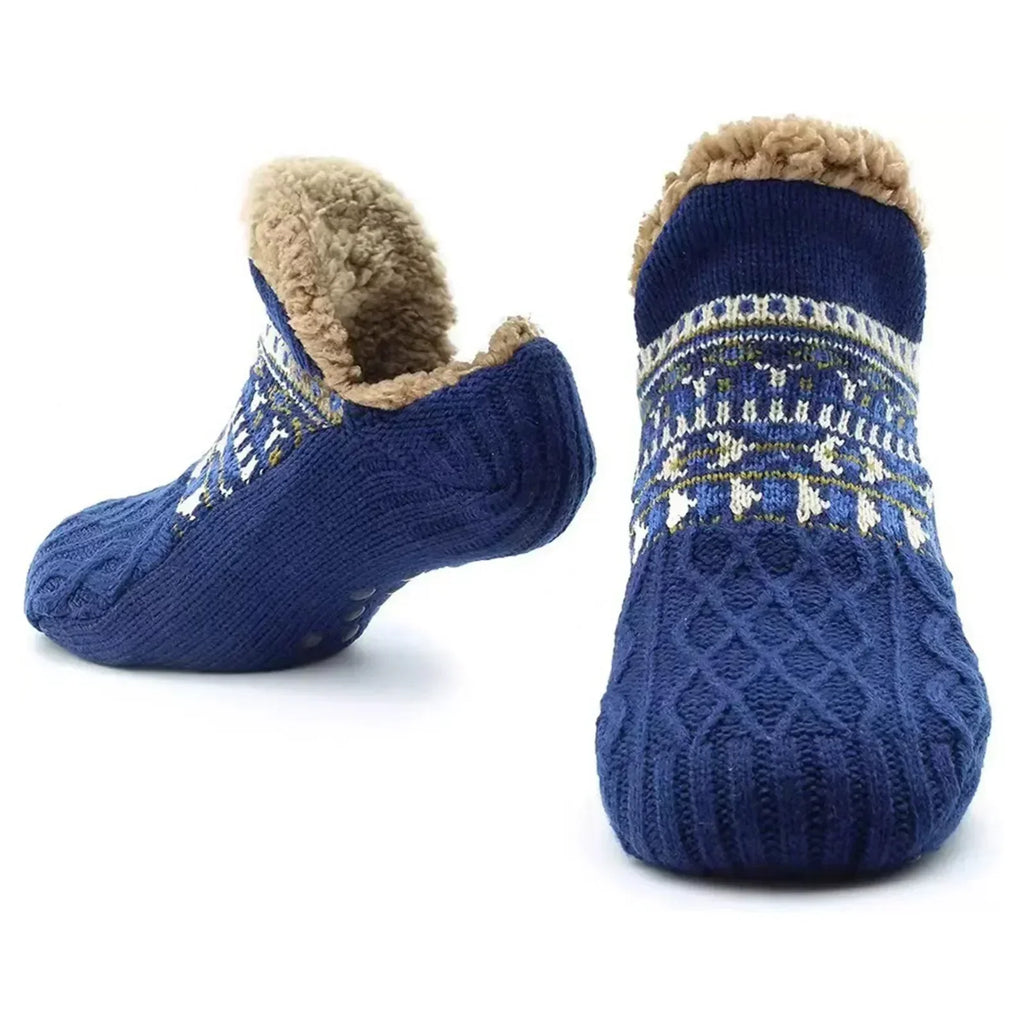 Chaussettes de sol unisexe doublées fausse fourrure, antidérapantes, bleu