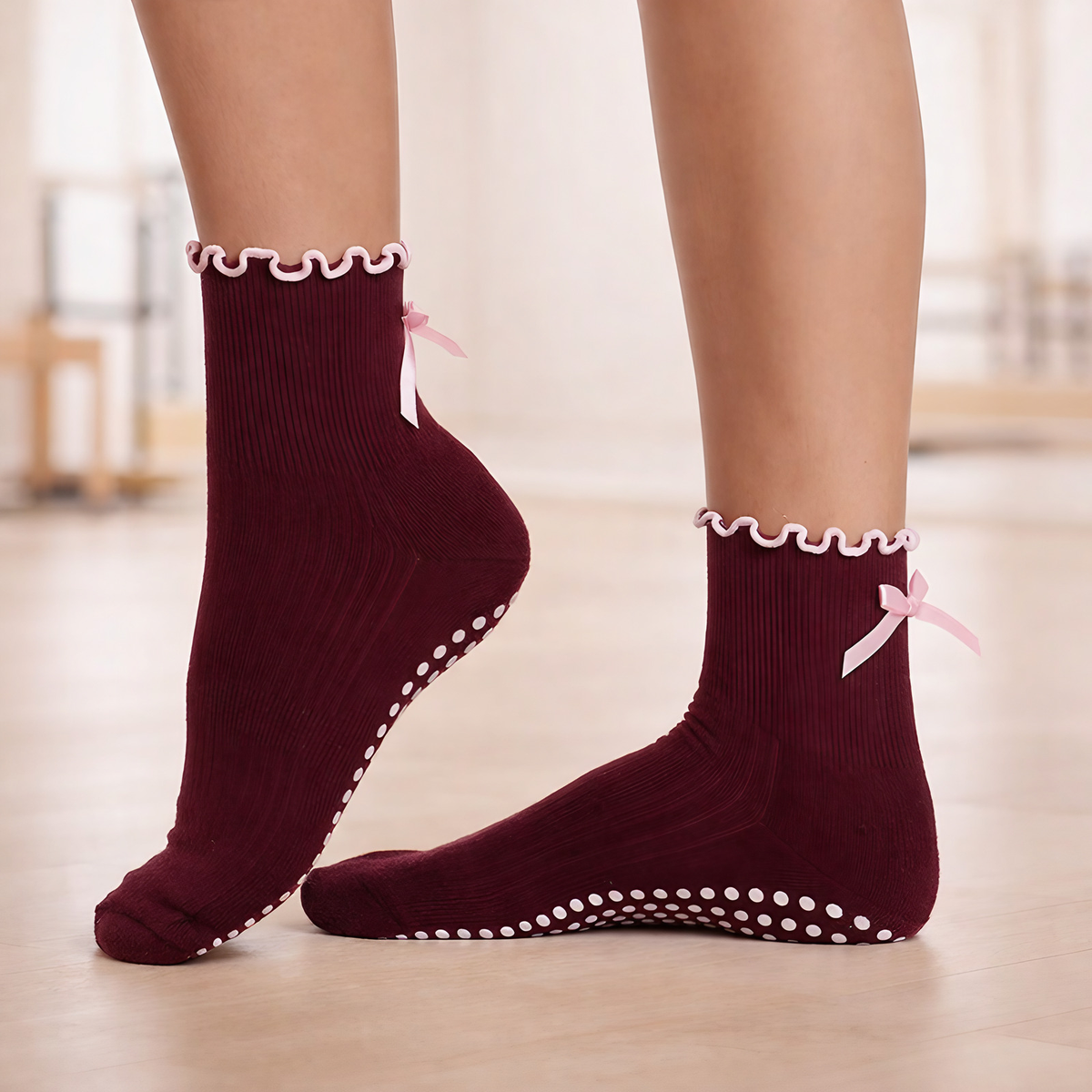 Chaussettes de pilates femme antidérapantes, coton extensible, rouge, rouge