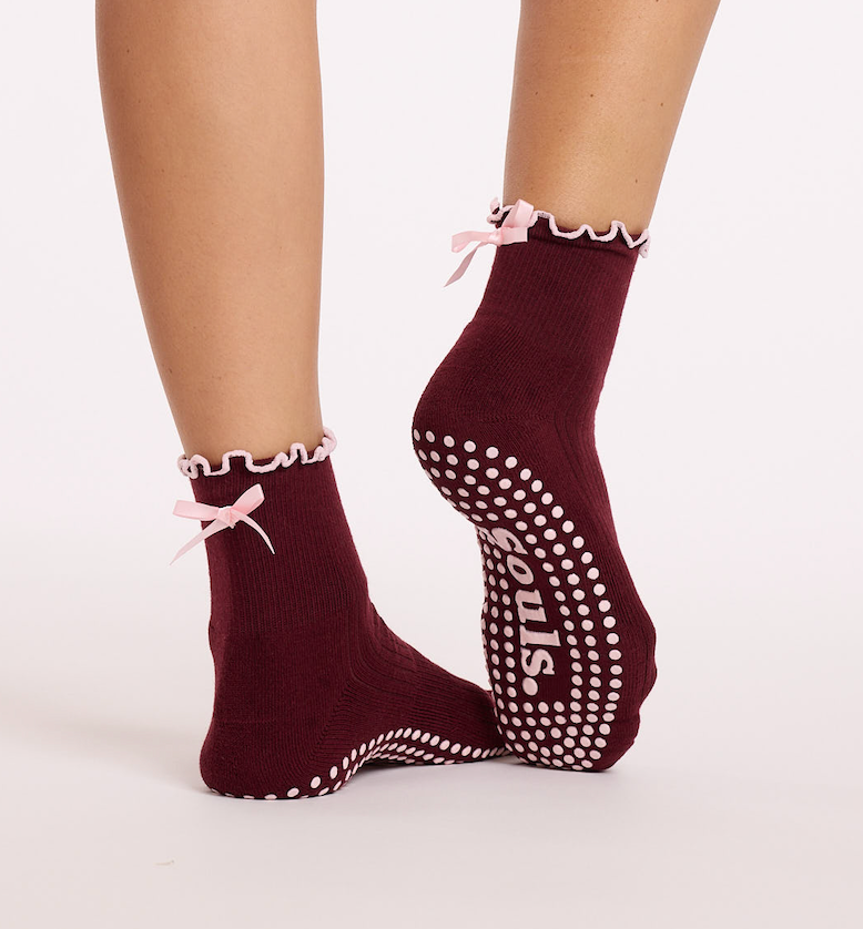 Chaussettes de pilates femme antidérapantes, coton extensible, rouge