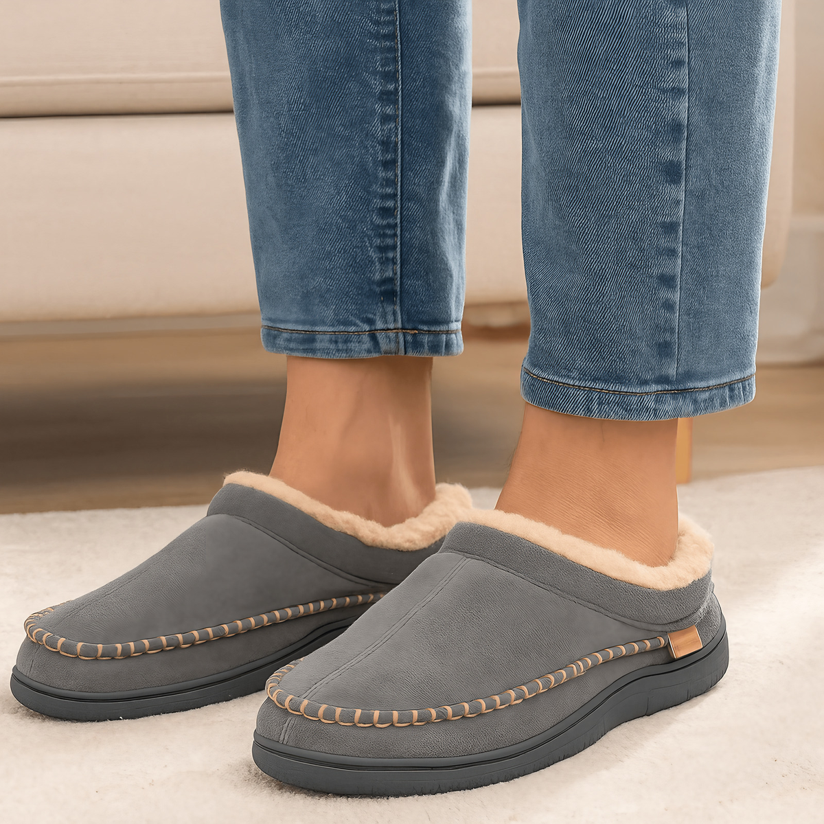 Chaussons homme classiques à coutures apparentes, gris