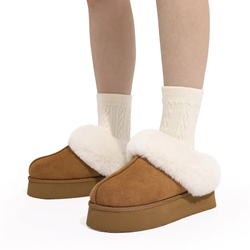 Chaussons mules fourrés femme en suédine, semelle épaisse